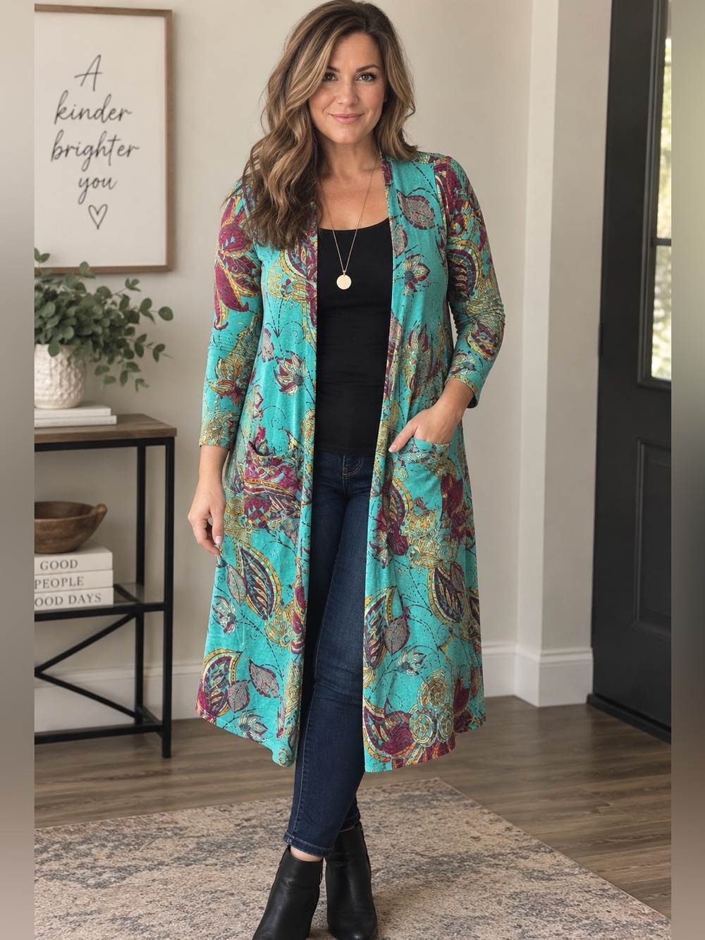 LuLaRoe Sarah Teal Floral Paisley Long Duster Cardigan Pockets